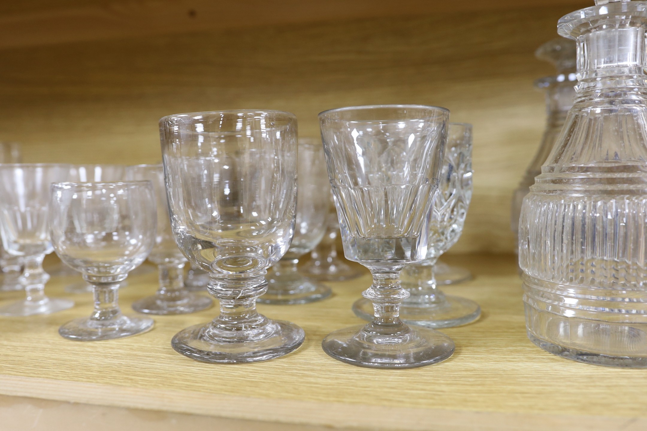 A mixed selection of glass rummers and other drinking vessels and decanters. Tallest 22.5cm